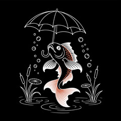 An artistic depiction of a fish with a copper hue gracefully swimming under an umbrella, surrounded by bubbles and aquatic plants against a black background, creating a serene scene