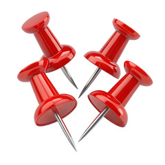 Four red push pins arranged in a square isolated on transparent background