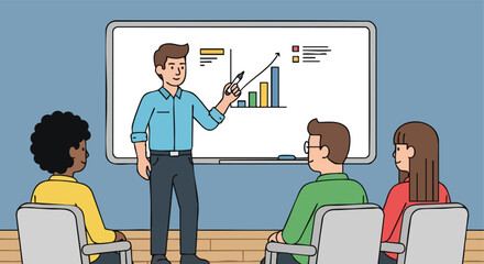 Business Professional Presenting Data Analysis and Growth Strategy to a Diverse Team in a Meeting