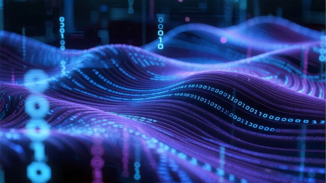 Digital wave pattern with binary code and glowing lines in a futuristic data visualization