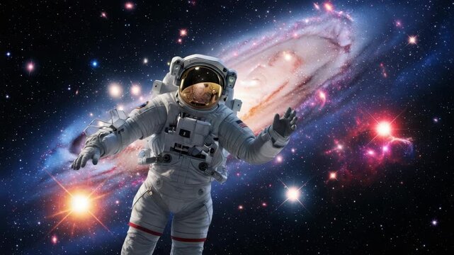 astronaut in white suit with golden visor floats weightlessly in deep space surrounded by vibrant swirling spiral galaxy numerous twinkling stars and bright cosmic dust clouds