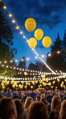 Night scene of a graduation ceremony with yellow balloons, strings of lights and crowd