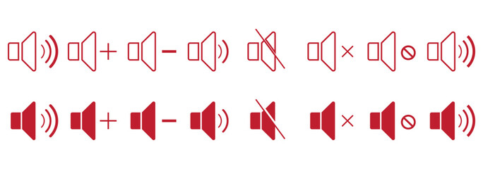 Volume and sound level icon set, speaker audio symbols, sound wave increasing, loudspeaker vector illustration, media control icons, sound adjustment graphics, black and white minimal design