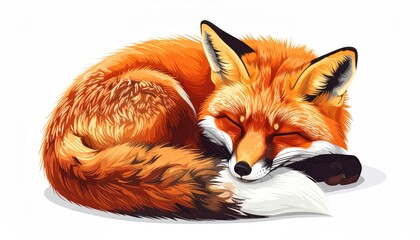 Pixel Art of a Sleeping Red Fox Curled Up on a White Background with Shaded Fur Texture and Detailed Design