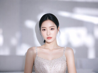 A woman in a sparkling sleeveless dress poses against a softly lit, modern background.