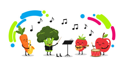 Fototapeta premium Cute cartoon fruits and vegetables playing musical instruments together happily.