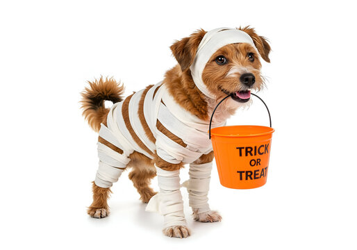 Adorable Dog Mummy Ready for Halloween, Carrying a Trick or Treat Bucket on Isolated White Background