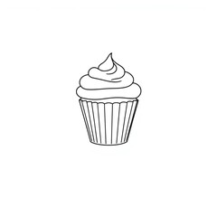 Hand drawn sketch of a frosted cupcake in a wrapper on a white background