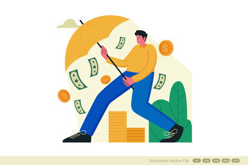 Man with umbrella shielding from falling money and coins