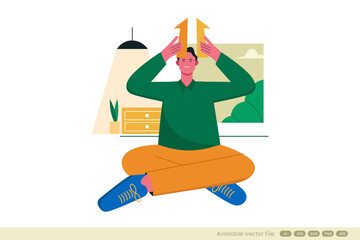 Man with upward arrows sitting indoors