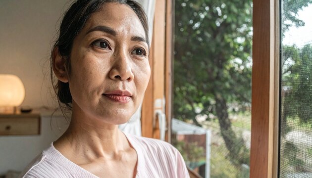Portrait of a middle-aged Asian woman looking out a window with a thoughtful expression.