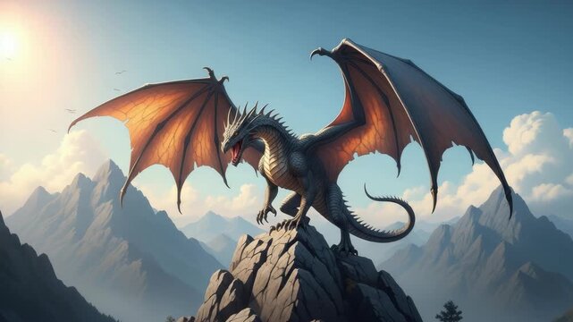 grey dragon with wide orange-tinged wings stands triumphantly atop jagged mountain peak Its mouth is open revealing teeth against vast sky with distant peaks and warm sun