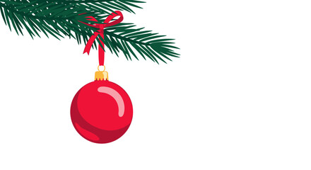 A festive red bauble hangs from a fir tree branch tied with a ribbon for christmas celebrations.