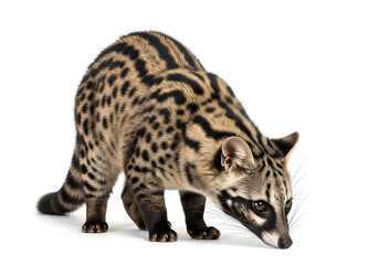 Fototapeta premium Isolated African Civet Sniffing, revealing a unique spotted pattern against white, highlighting the wild beauty of the civet in striking detail.