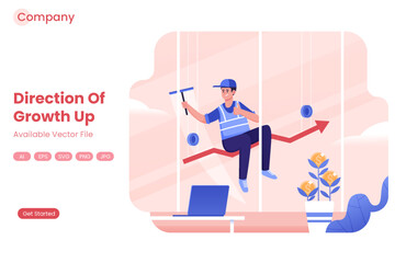 Man on upward trend line holding squeegee laptop and plant with coins