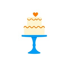 Elegant two tier wedding cake with orange heart decoration on blue stand