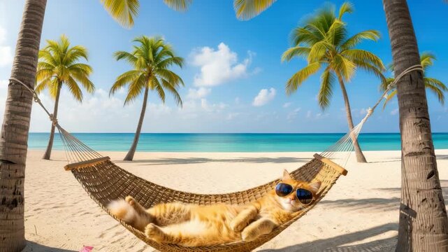 orange cat wearing sunglasses relaxes in woven hammock tied between two palm trees on bright sandy beach A tropical cocktail sits nearby with clear turquoise ocean and blue sky in the background