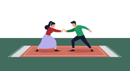 Obraz premium A man and woman are holding hands while dancing together on a rug.