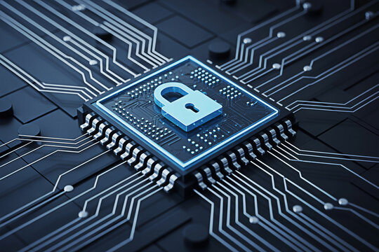 Blue padlock on a microchip representing cybersecurity and data protection in modern technology