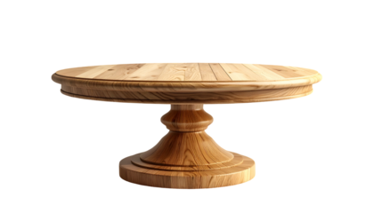 Detailed 3D rendered image showcases a classic, solid wooden pedestal table against a stark black background, emphasizing the natural grain and texture of the light brown wood, highlighting its...