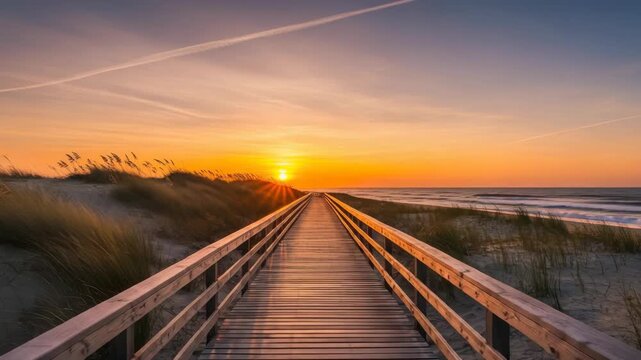 wooden boardwalk leads through grassy dunes to vibrant sunset over the ocean Golden light illuminates the path sand and gentle waves The sky transitions from orange to blue with single contrail