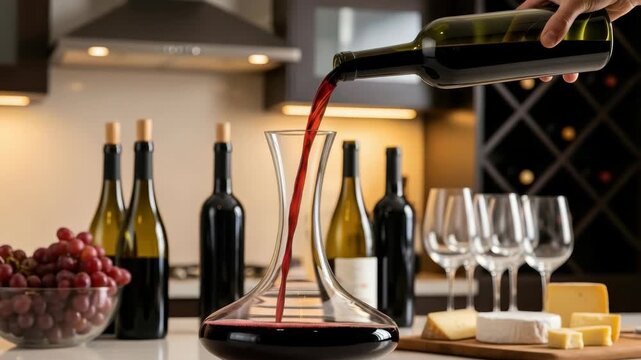 hand pours red wine into decanter on counter with various wine bottles bowl of red grapes cheese board with multiple cheeses and empty wine glasses set against wine rack