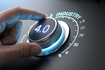 Hand adjusting a dial to industry 4.0 representing the fourth industrial revolution