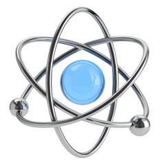 Detailed illustration presents a three-dimensional rendering of an atom model featuring a luminous blue sphere at the center, surrounded by metallic orbiting structures against a stark black backdrop.
