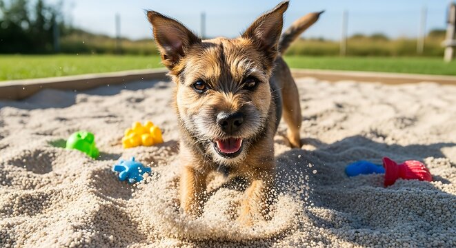 Playful Dog in a Sandbox.