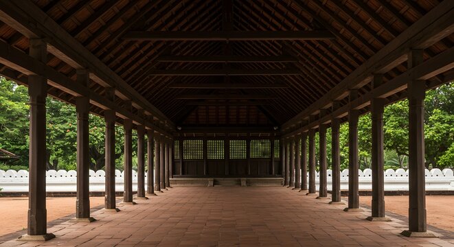 Classic Kandyan-era Ambalama showcasing intricate interlocking woodwork and high tiled roof, representing elegant, purpose-driven design and efficient structure
