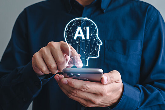 Man interacting with artificial intelligence on smartphone showcasing future technology trends