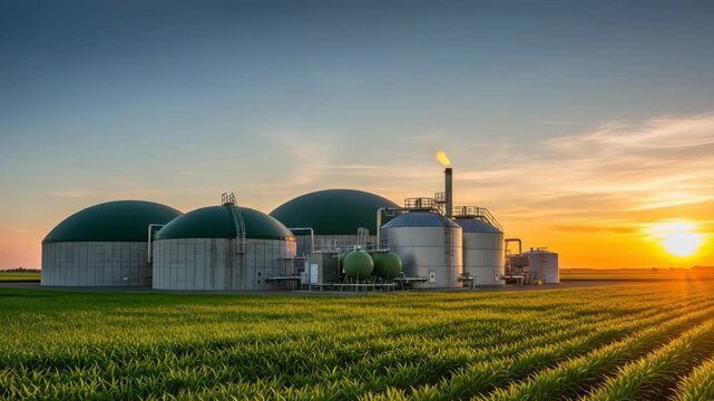 modern biogas plant with concrete domes and metal silos including flaring chimney sits within vibrant green crop field A stunning orange sunset bathes the horizon in warm light