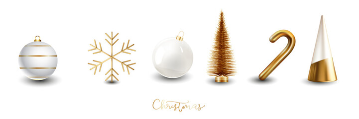 Set of white and gold realistic Christmas decorations. 3d render vector illustration. Design elements for greeting card or invitation