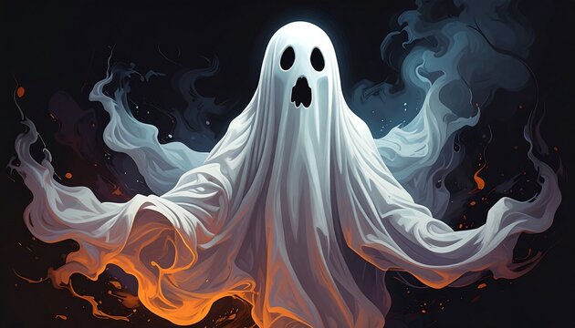 Ghost figure in white sheet, smoke, dark background