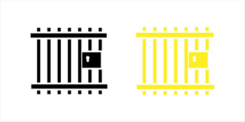  Prison or jail silhouette symbol. Metal cage with bars and lock. Crime justice or punishment icon. Vector black shape isolated on white background.