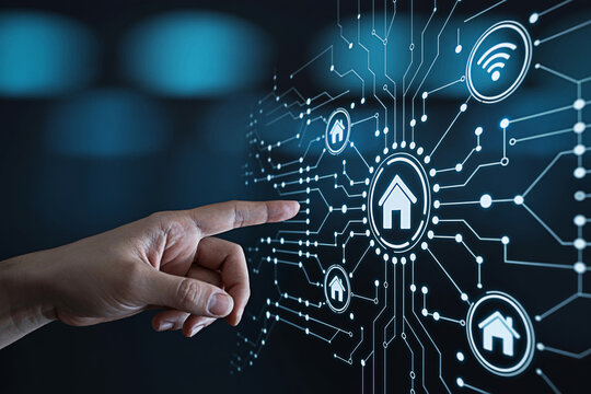 Finger touching smart home automation interface on a futuristic digital display screen panel