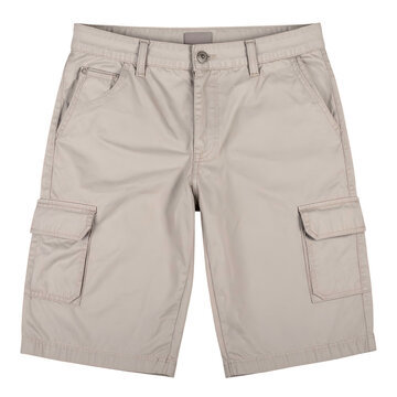 Comfortable beige cargo shorts, meticulously photographed against a stark black background, showcasing the garment's details.