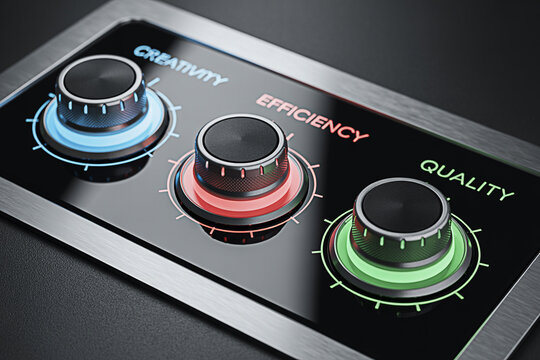 Control panel featuring creativity efficiency and quality knobs for business management concepts