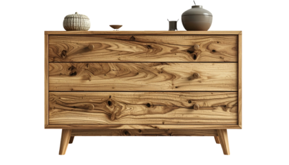 Rustic wooden chest of drawers with three horizontal compartments, featuring a warm, natural wood grain pattern and adorned with minimalist decorative objects, set against a stark black background.