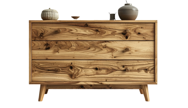 Rustic wooden chest of drawers with three horizontal compartments, featuring a warm, natural wood grain pattern and adorned with minimalist decorative objects, set against a stark black background.
