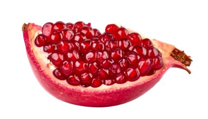 Isolated, vibrant red pomegranate wedge exhibiting a rich, textured surface with glistening, juicy arils in a , macro shot against a stark black backdrop.