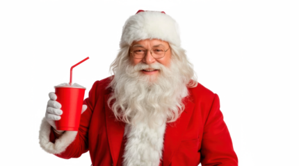 Santa Claus holding soda cup — on transparent png background
