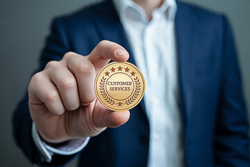 Man in suit holding a gold customer service coin symbolizing quality and excellent business relations