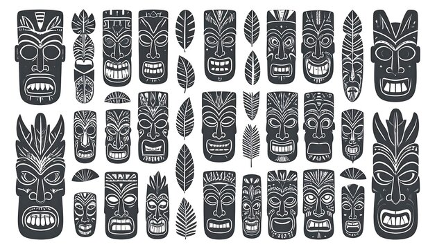 Collection of Polynesian Tiki Masks Illustrations