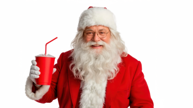 Santa Claus holding soda cup — on transparent png background