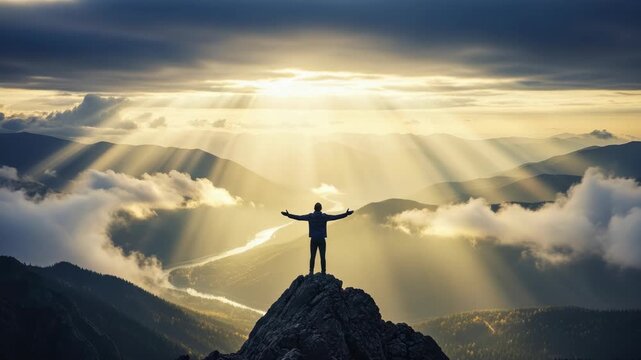 person stands triumphantly on rugged peak arms open wide overlooking vast mountain range Golden sunbeams pierce dramatic clouds illuminating winding river below majestic landscape