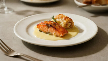 Salmon Fillet Wrapped In Puff Pastry, Golden Crisp Finish, Plated with Beurre Blanc Sauce, Elegant Restaurant Plating