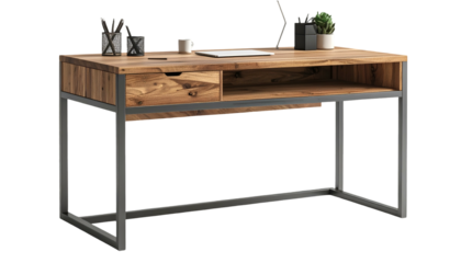 This image depicts a modern, minimalistic wooden desk with a drawer, showcasing a sleek design and industrial-style metal legs against a black background.