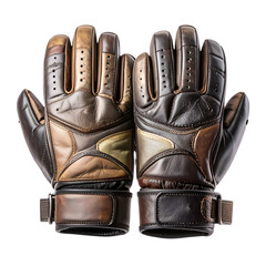 Detailed  shot showcases two leather gloves, exhibiting a classic, vintage aesthetic with intricate stitching, perforations, and multi-toned brown, beige, and gold hues against a stark black...