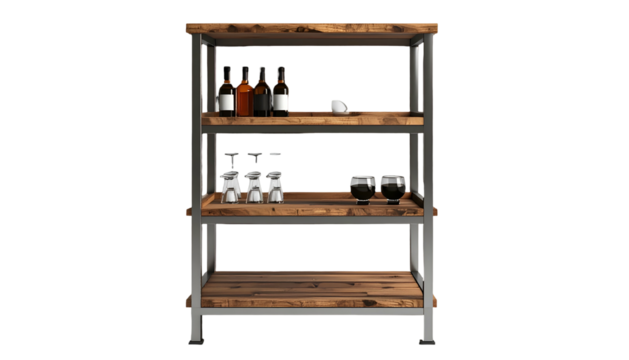 Display rack showcasing beverage containers, stemware, and drinking vessels within a contemporary, rustic setting, emphasizing natural wood grain and minimalist design for a curated home aesthetic.